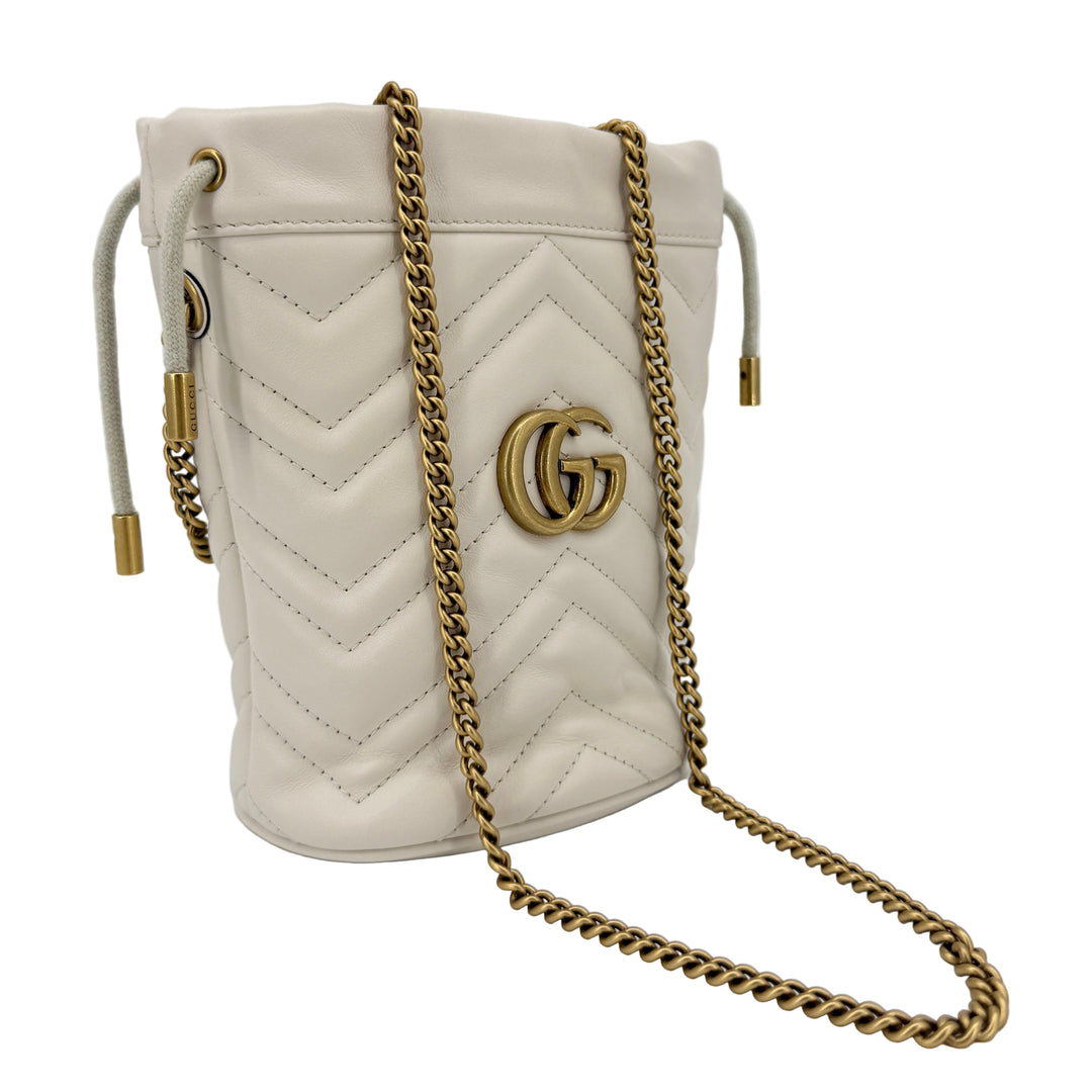 Gucci Mini GG Marmont White Calfskin Bucket Bag | LuxLoveLouis