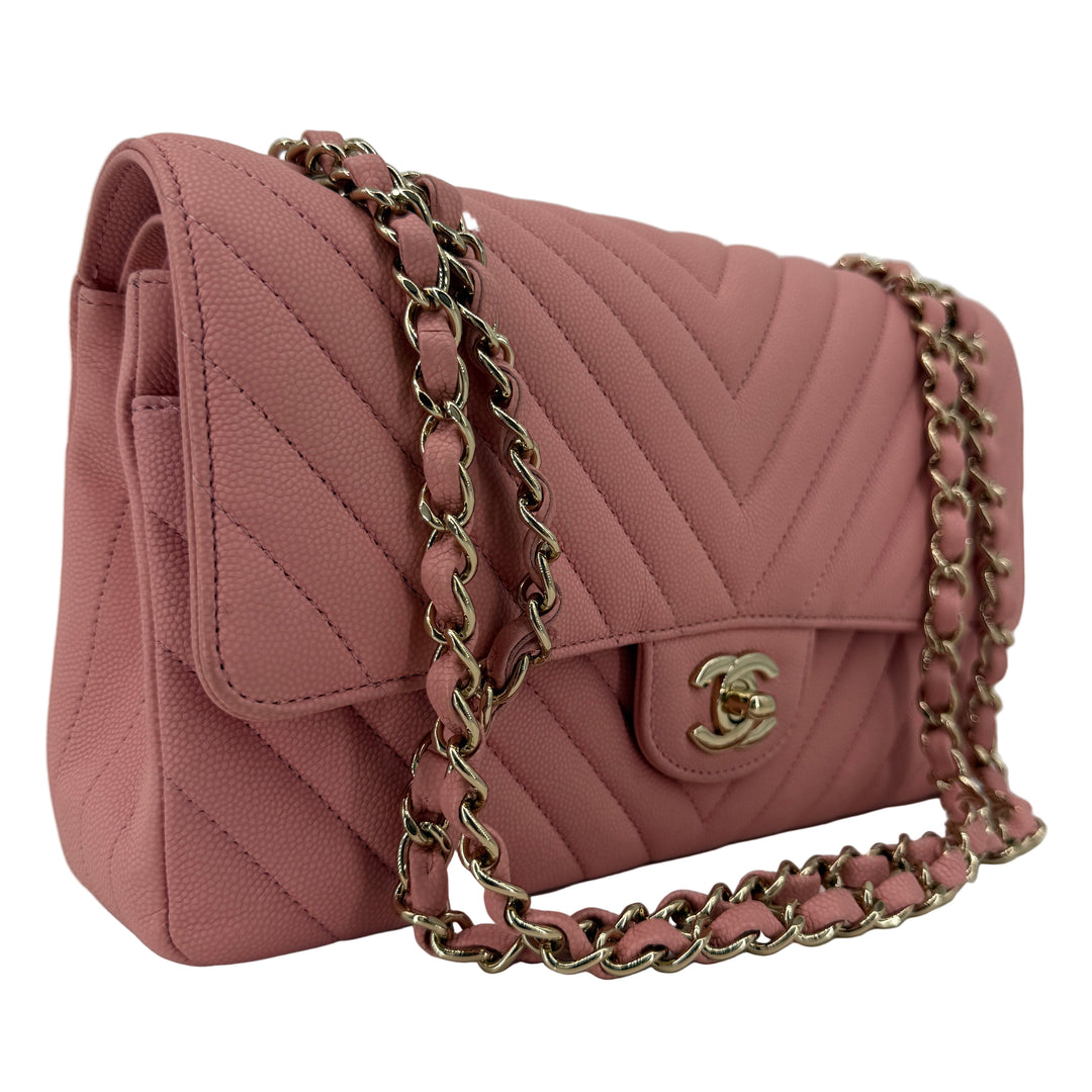 Chanel Medium Double Flap – Light Pink Chevron Caviar, Light Gold Hardware