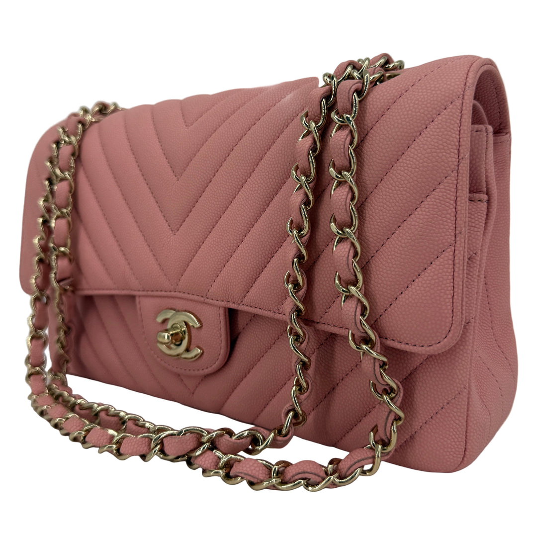 Chanel Medium Double Flap – Light Pink Chevron Caviar, Light Gold Hardware
