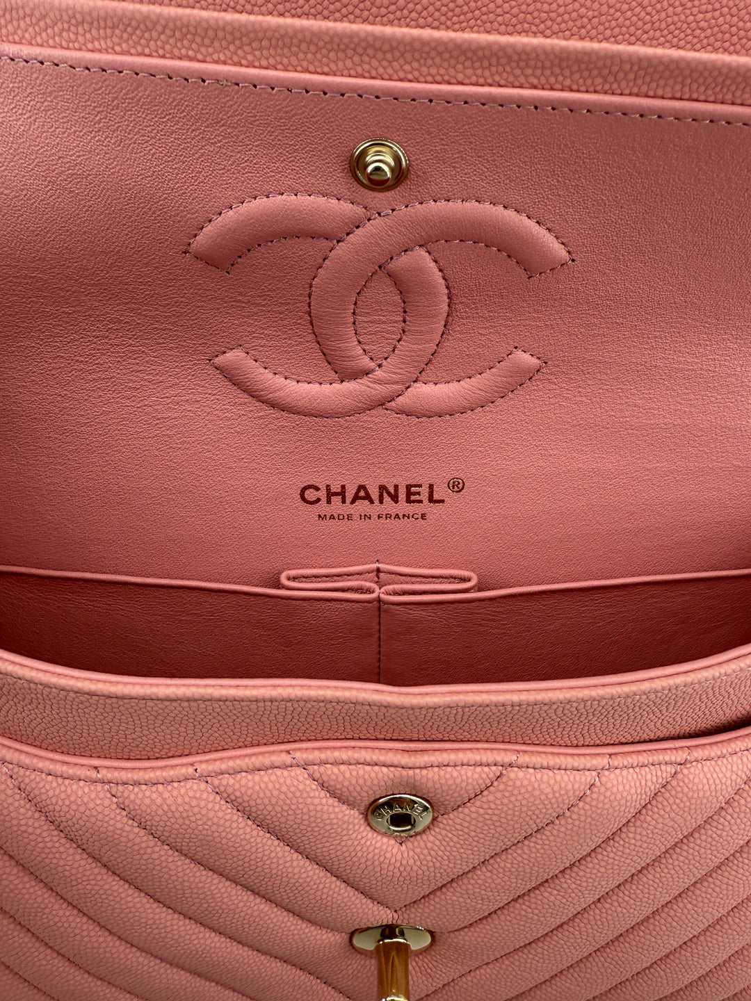 Chanel Medium Double Flap – Light Pink Chevron Caviar, Light Gold Hardware