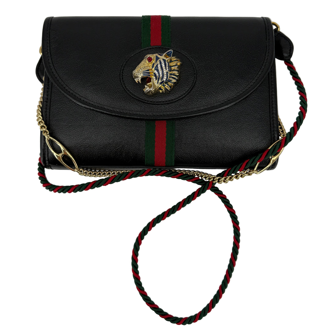 Gucci Rajah Small Slim Flap Shoulder Bag – Black Textured Calfskin with Crystal Tiger