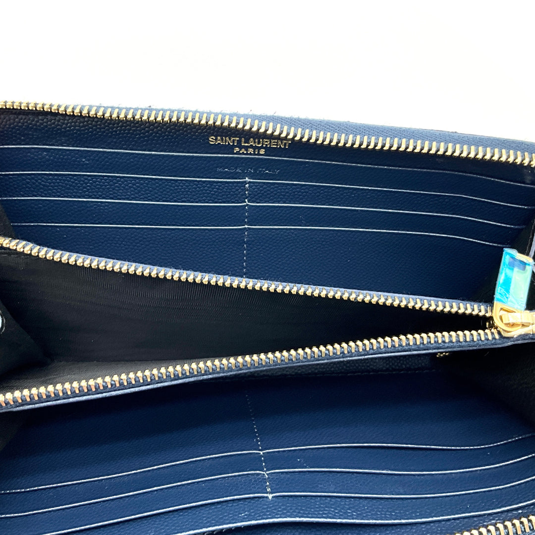 Saint Laurent Cassandre Matelassé Zip Around Wallet in Grain De Poudre Embossed Leather