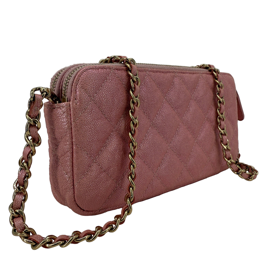 Chanel Pink Caviar Quilted Double Zip Clutch with Chain | LuxLoveLouis