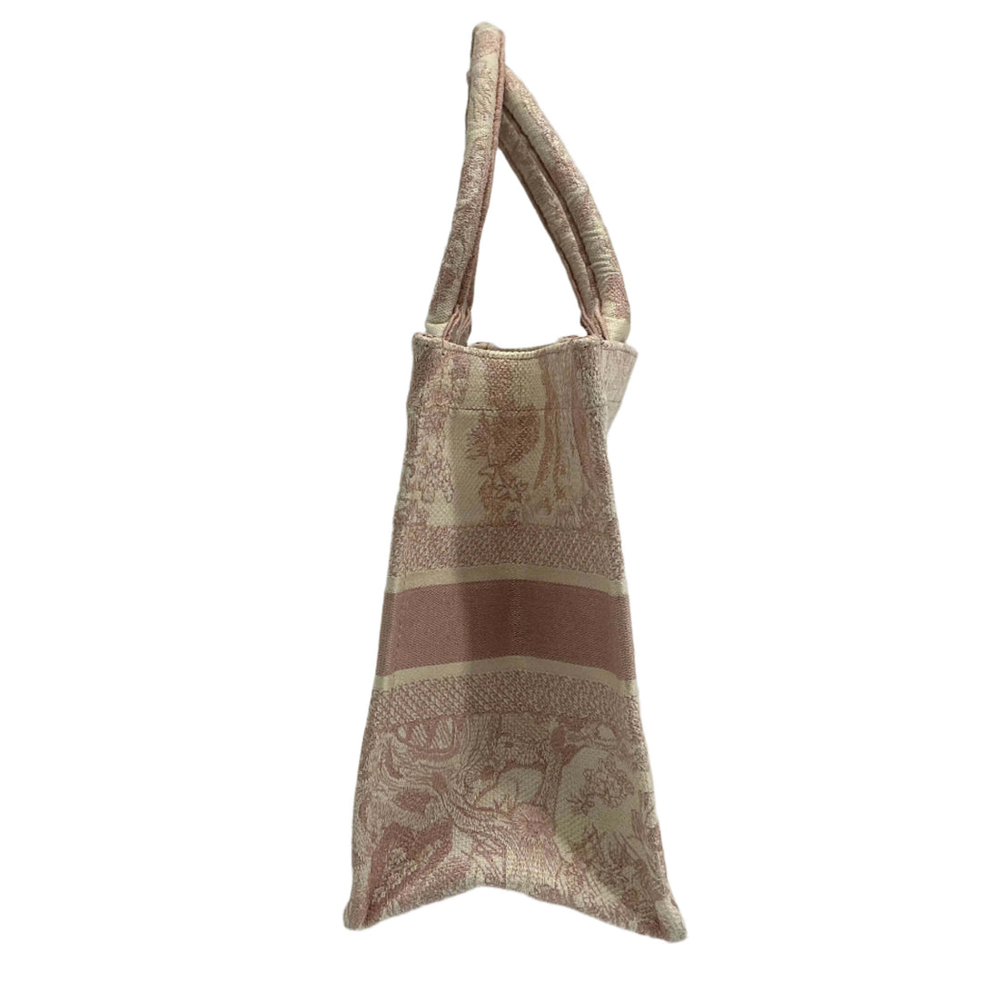 Christian Dior Medium Dioriviera Book Tote in Toile De Jouy, showcasing elegant rose embroidery on canvas.