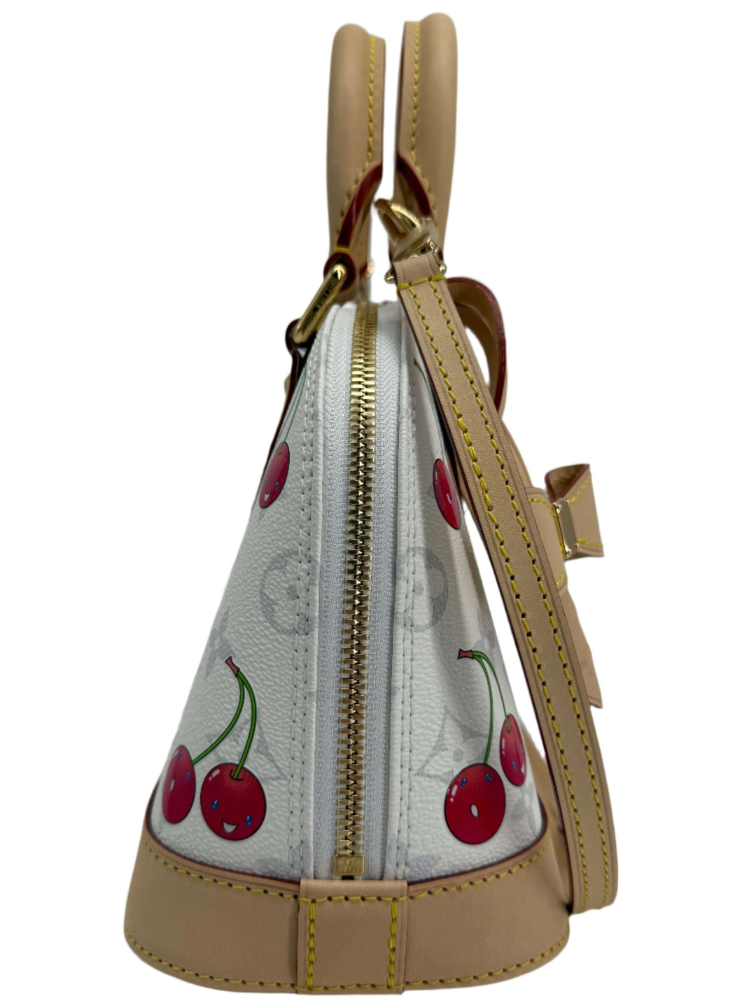 Profile view of Louis Vuitton x Takashi Murakami Alma BB bag featuring cherry blossom design and signature coated canvas.