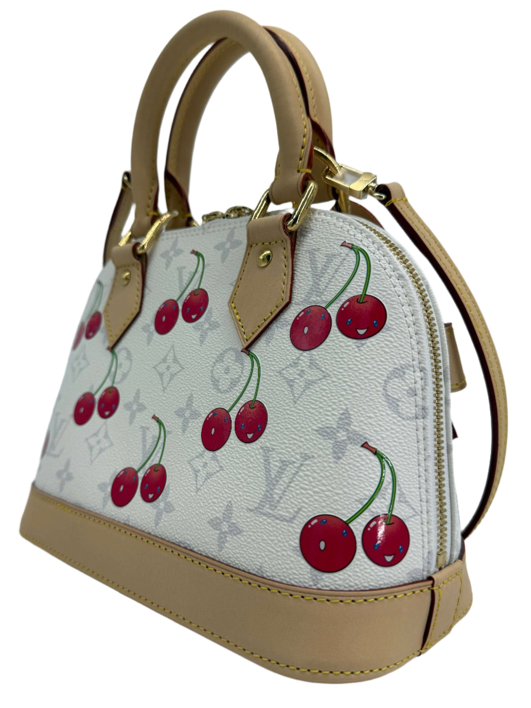 Louis Vuitton x Takashi Murakami Alma BB handbag featuring Monogram Cherry design, limited edition luxury fashion accessory.