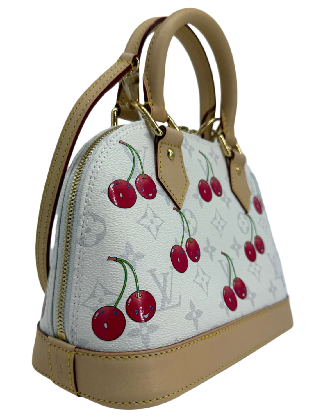 Louis Vuitton x Takashi Murakami Alma BB bag with cherry blossom design and Monogram coated canvas.