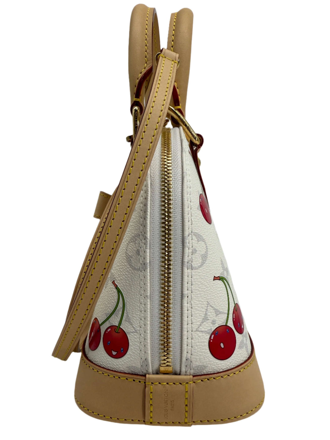 Side view of Louis Vuitton x Takashi Murakami Alma BB Monogram Cherry Limited Edition handbag with cherry blossom design.