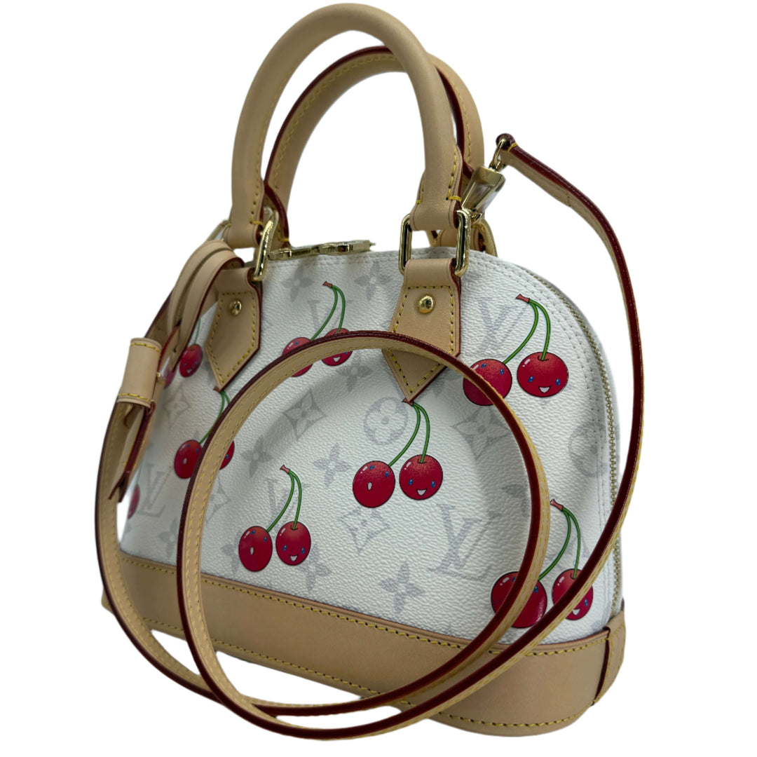 Louis Vuitton x Takashi Murakami Alma BB bag featuring cherry blossom design, Monogram canvas, limited edition collector's piece.