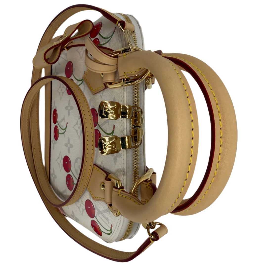 Louis Vuitton x Takashi Murakami Alma BB Monogram Cherry Limited Edition handbag with cherry blossom design and leather straps.