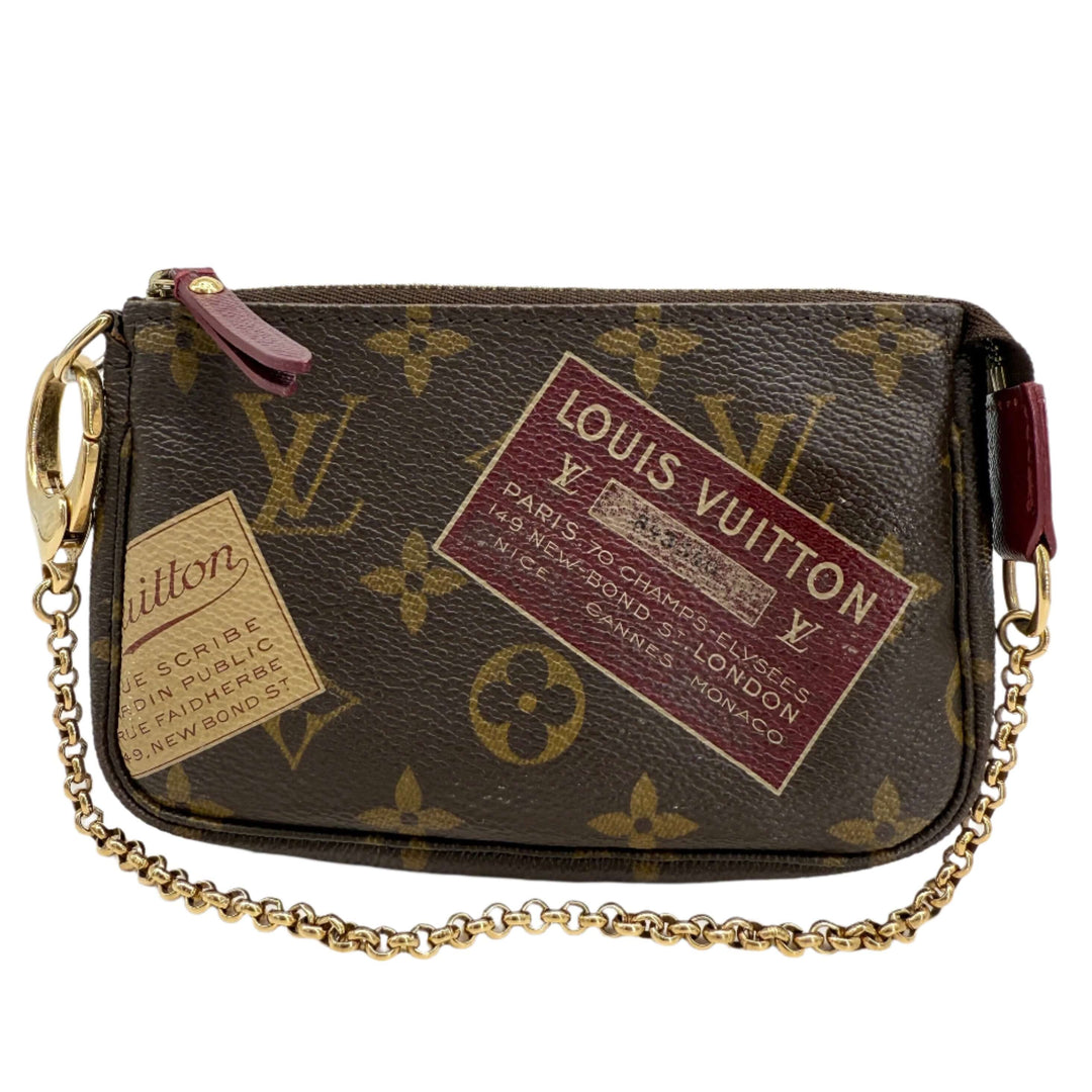 Louis Vuitton Monogram Stamp Mini Pochette Accessories in coated canvas with vintage-inspired illustrations and charm.