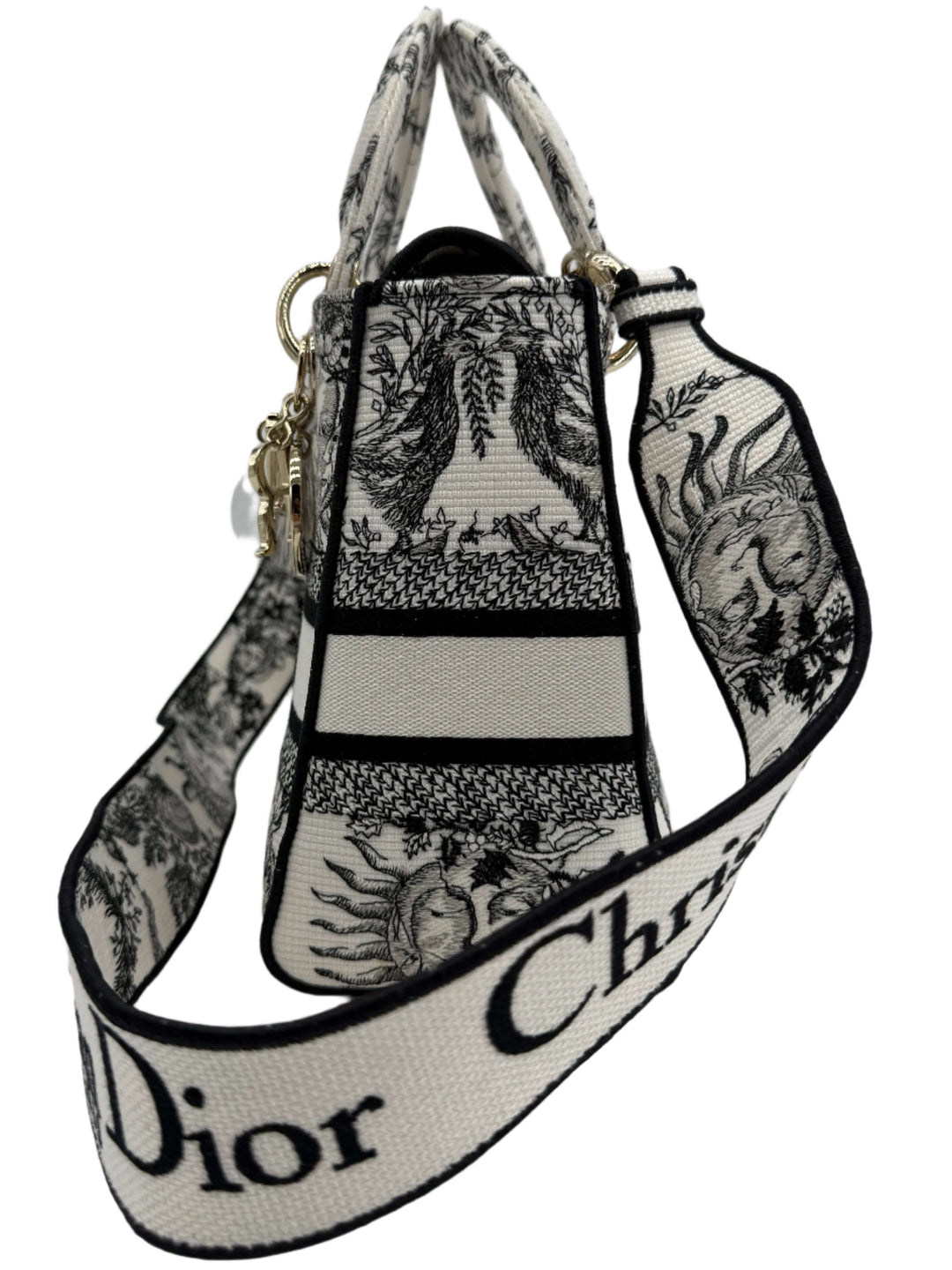 Christian Dior Lady D-Lite medium bag in embroidered canvas with elegant black and white design and bold strap detailing.
