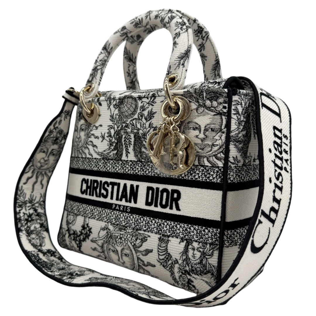 Christian Dior Lady D-Lite Medium Bag in embroidered canvas with gold hardware and bold designs, showcasing structured elegance.