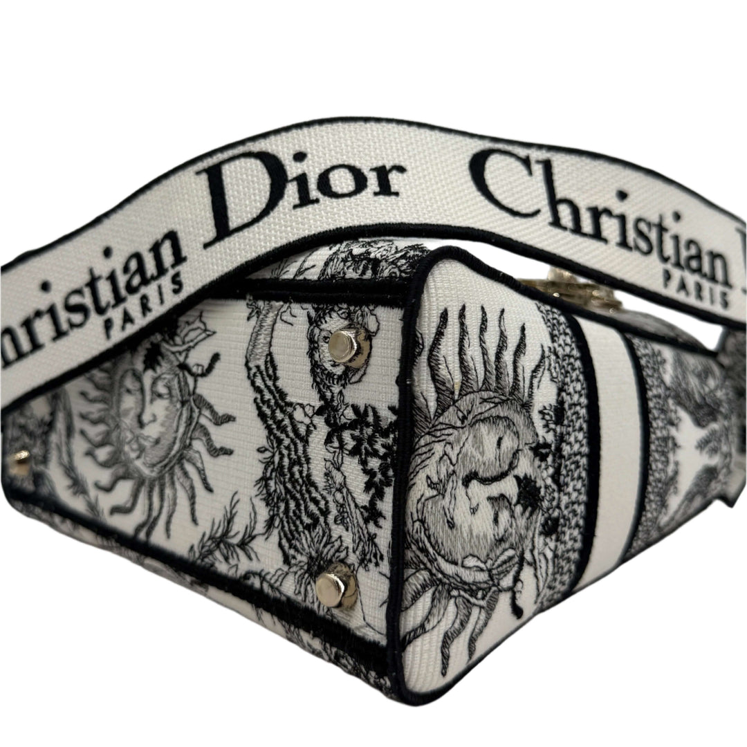 Christian Dior Lady D-Lite Medium Bag, embroidered canvas, black and white, featuring the iconic logo strap and detailed design.