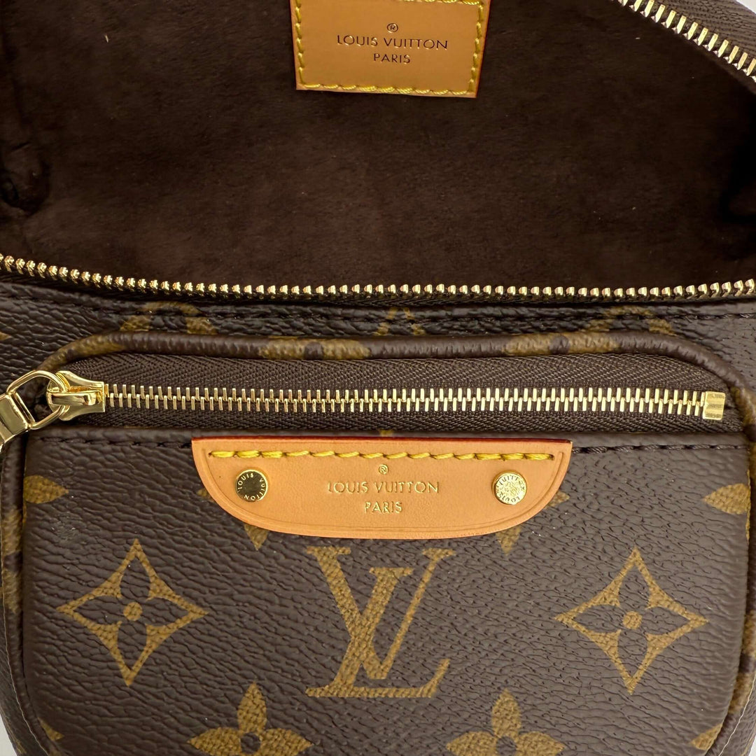 Interior view of Louis Vuitton Mini Bumbag featuring monogram canvas and signature logo detailing.