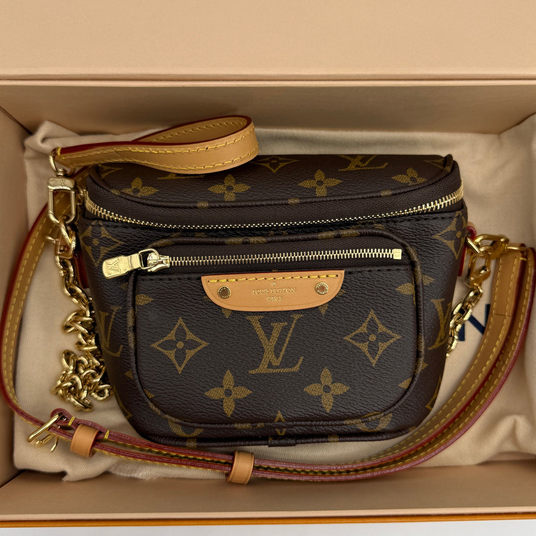 Louis Vuitton Mini Bumbag – Monogram Canvas with Vachetta Strap Removable Gold Chain