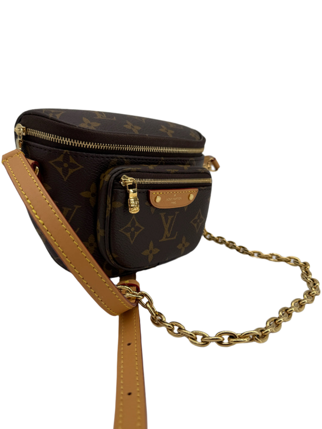 Louis Vuitton Mini Bumbag – Monogram Canvas with Vachetta Strap Removable Gold Chain