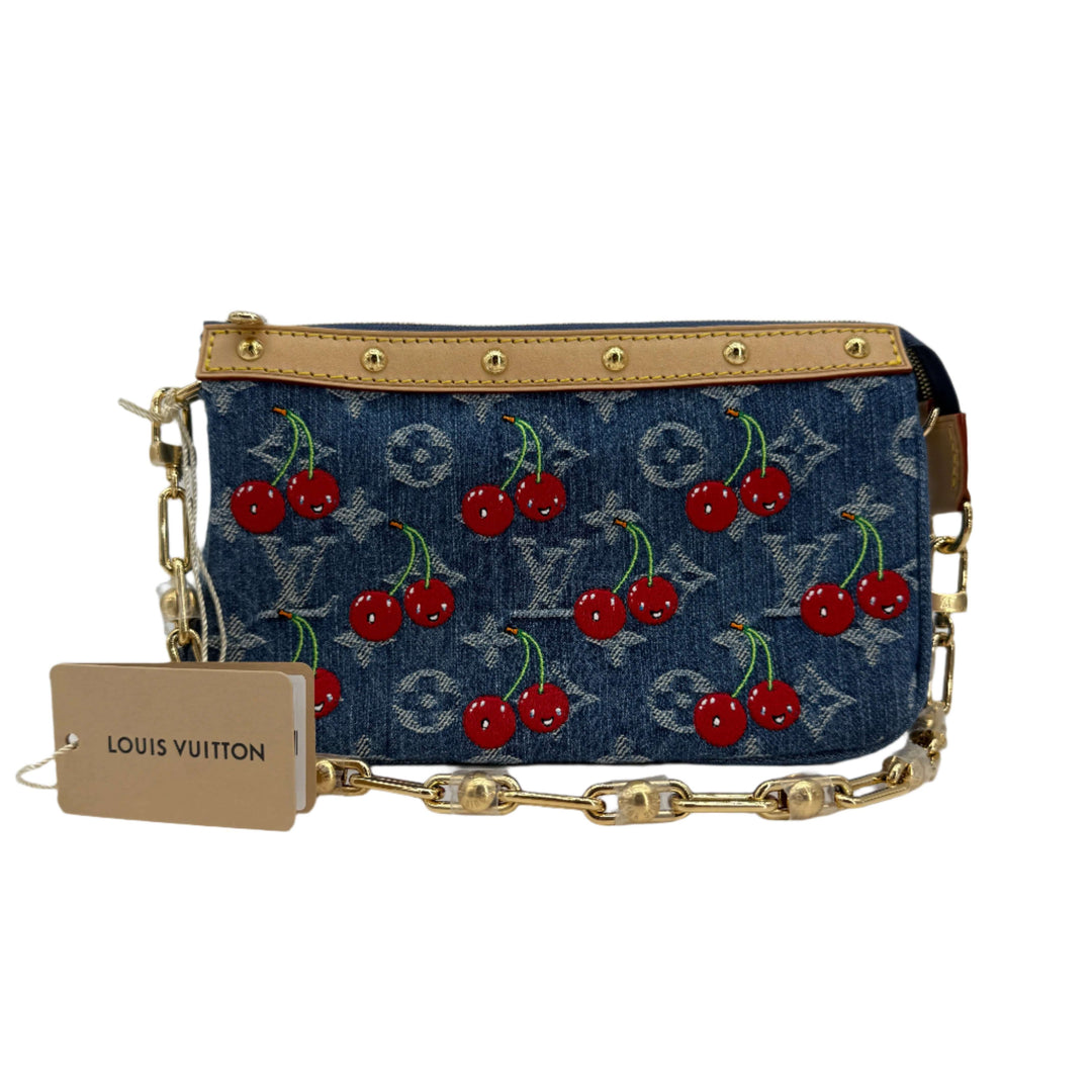 Authentic Louis Vuitton x Murakami Pochette Accessoires in Monogram Cherry Denim design, showcasing rare collectible style.