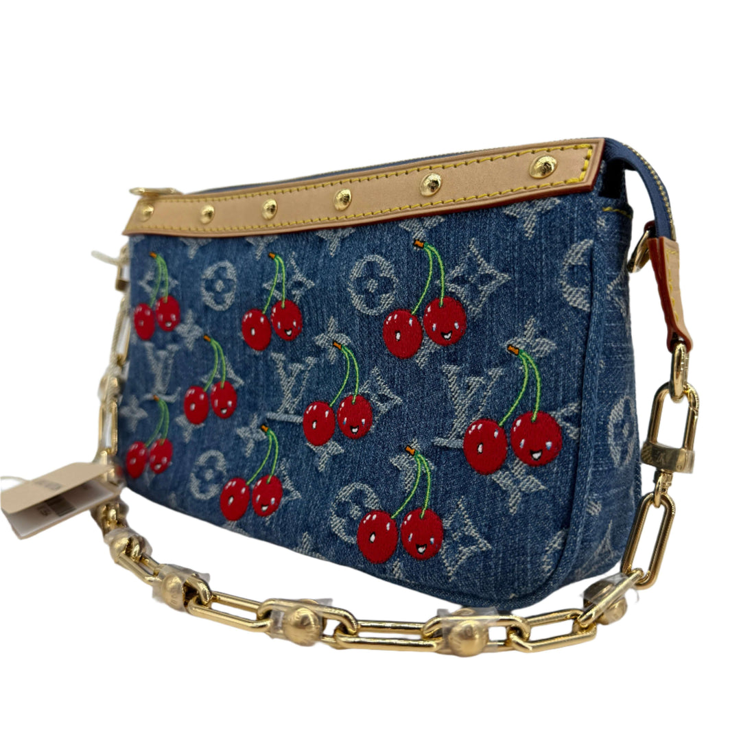 Authentic Louis Vuitton x Murakami Pochette Accessoires in Monogram Cherry Denim, a rare collectible handbag with gold accents.