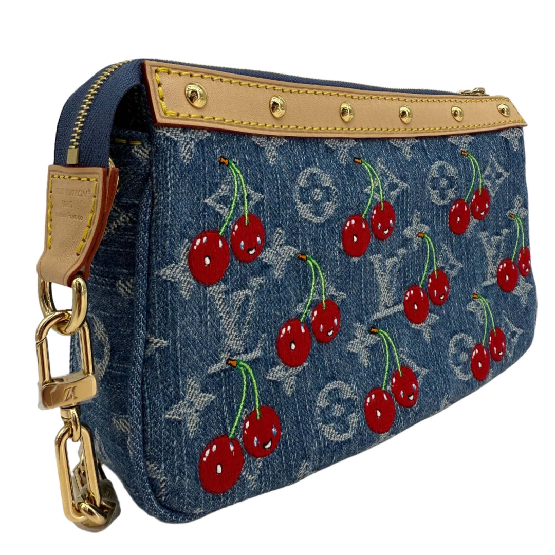 Authentic Louis Vuitton x Murakami Pochette Accessoires in Monogram Cherry Denim with iconic cherry embroidery.