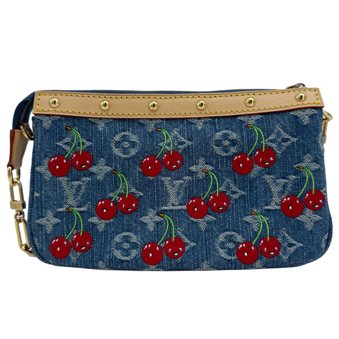Authentic Louis Vuitton x Murakami Pochette Accessoires in Monogram Cherry Denim, featuring iconic cherry design on denim.