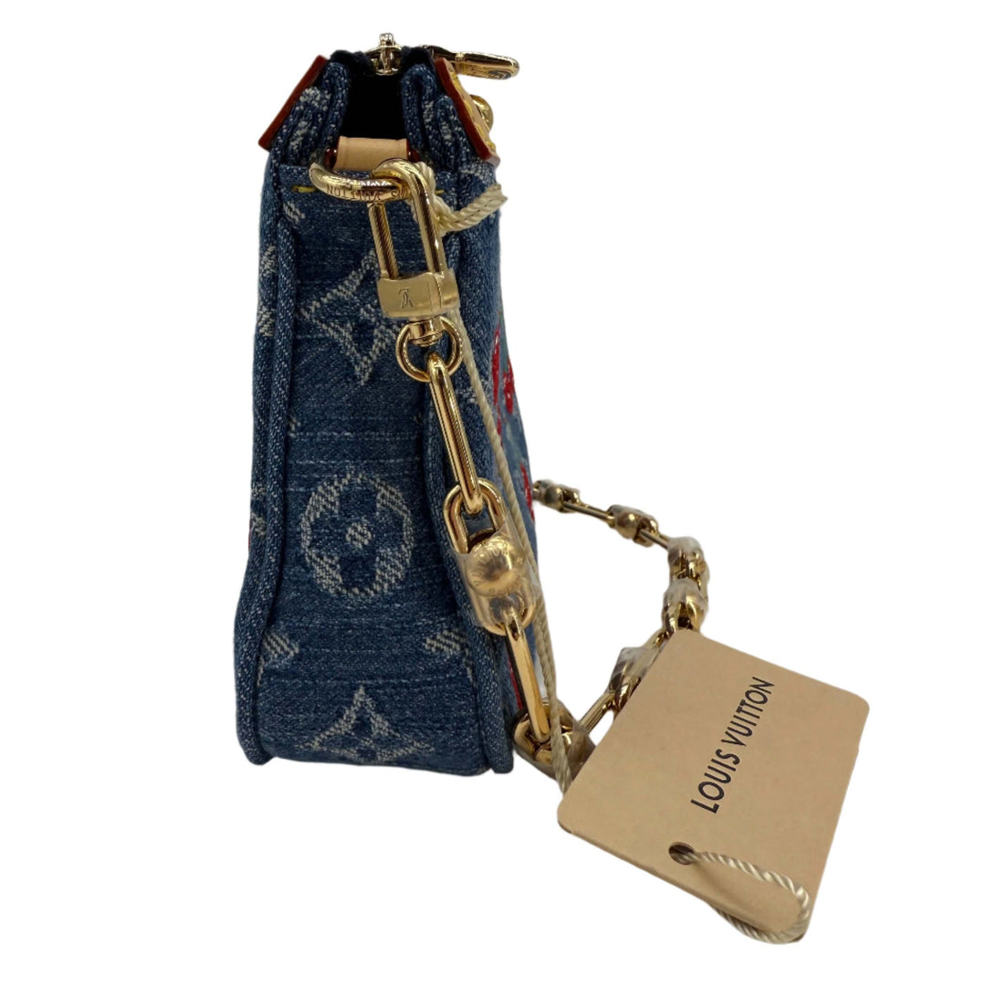 Authentic Louis Vuitton x Murakami Pochette Accessoires in Monogram Cherry Denim, featuring gold chain and LV tag.