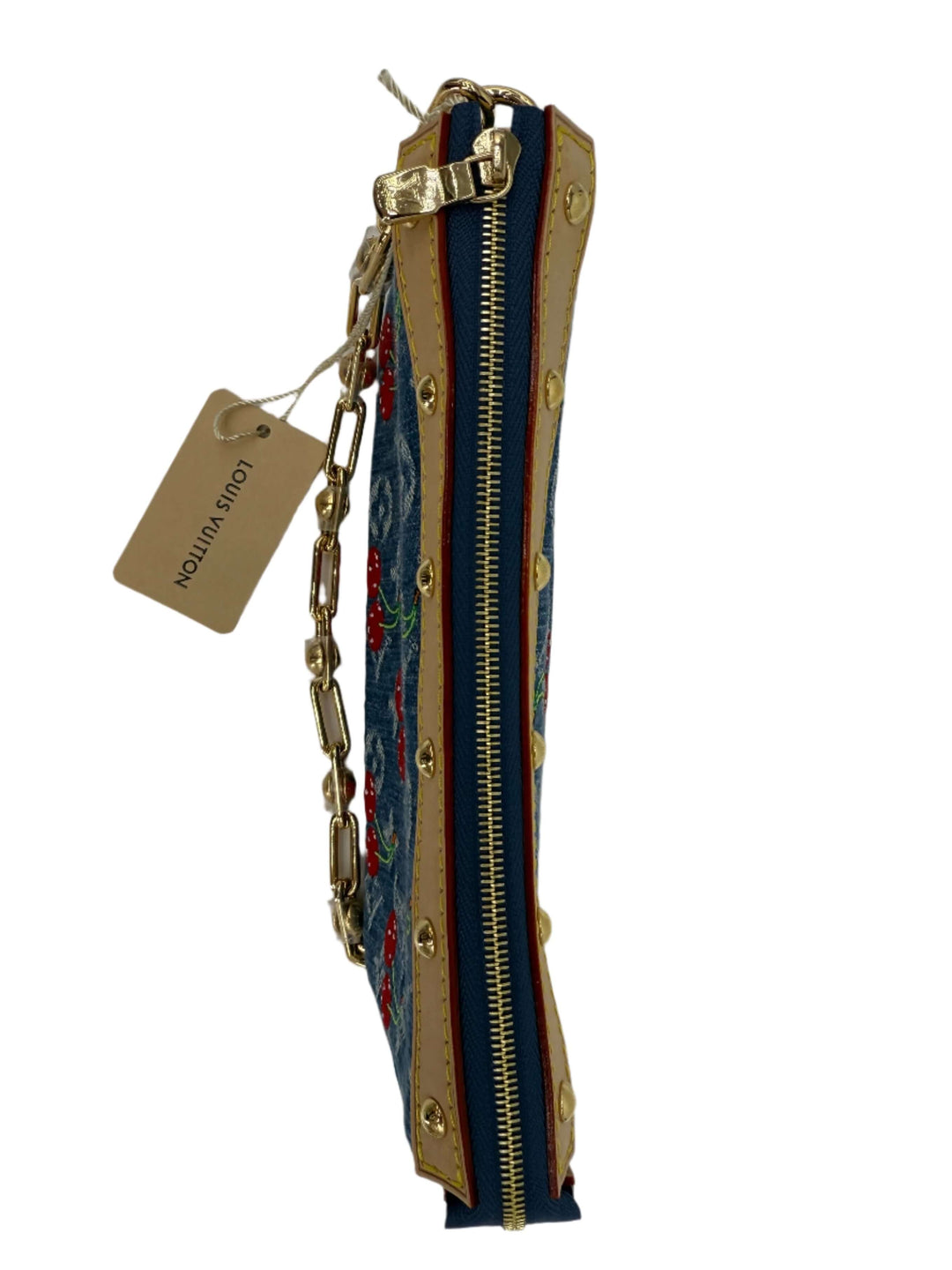 Profile view of the authentic Louis Vuitton x Murakami Pochette Accessoires in Monogram Cherry Denim with gold accents.