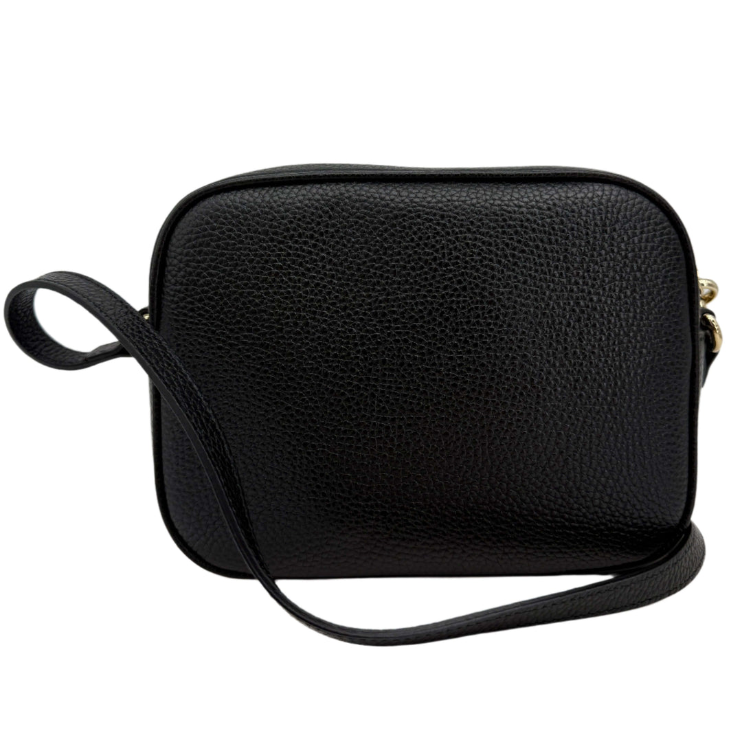 Gucci Small Soho Disco Bag in black pebbled calfskin leather with gold tassel, stylish compact crossbody.