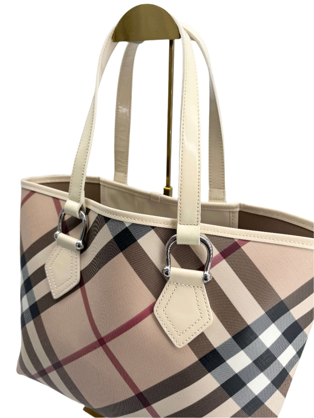Burberry Nova Check Large Nickie Tote in white leather with classic house check pattern for elegant style and functionality.