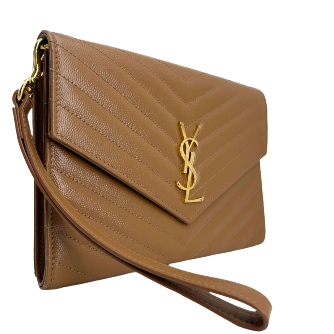 Saint Laurent Cassandre Flap Pouch – Natural Dark Grain De Poudre Chevron Leather