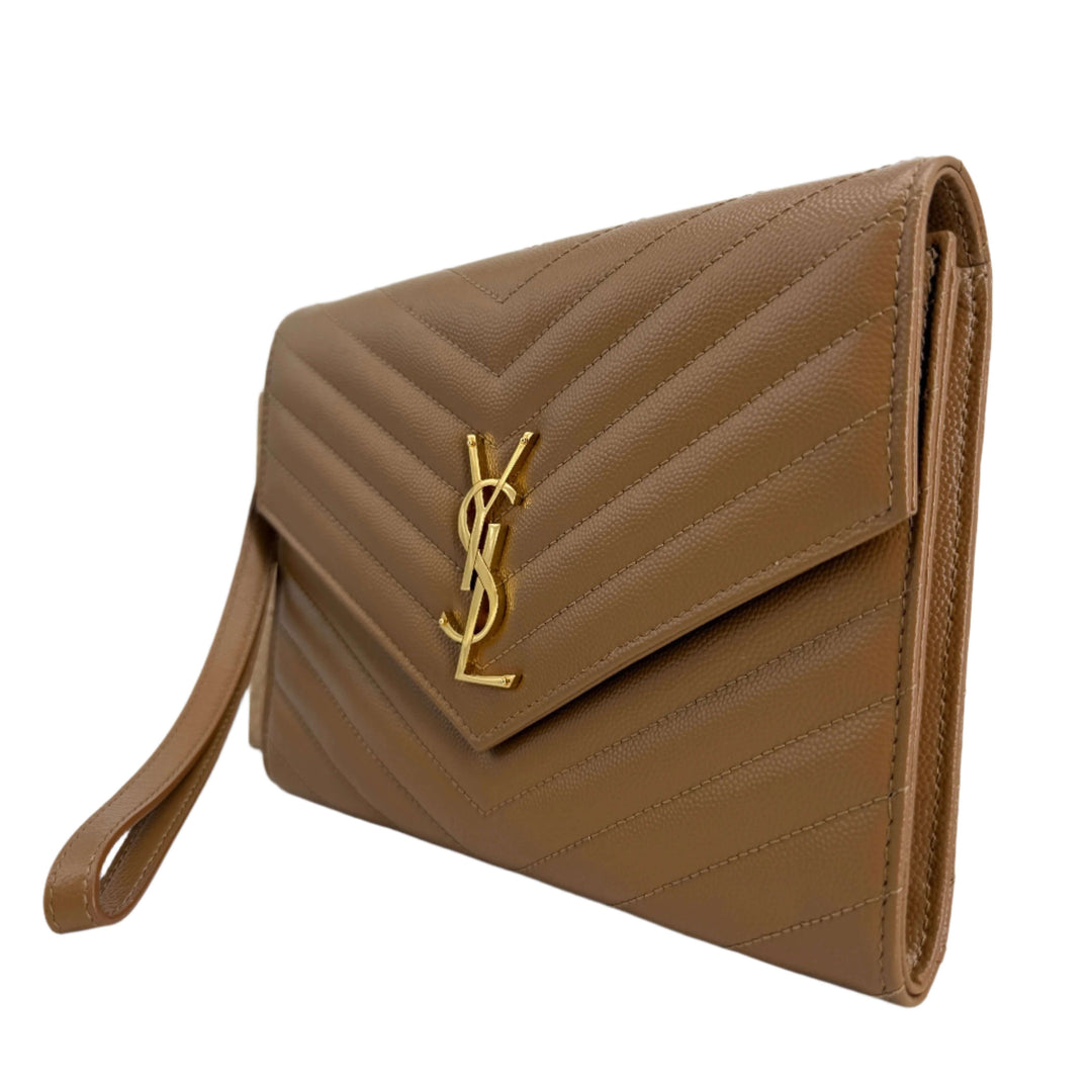 Saint Laurent Cassandre Flap Pouch – Natural Dark Grain De Poudre Chevron Leather