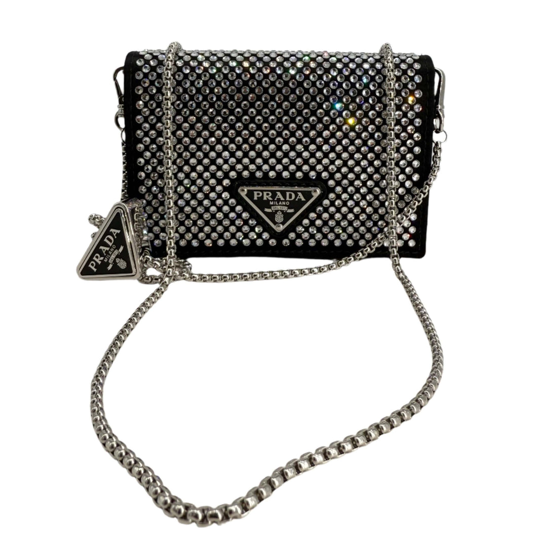 PRADA Crystal Satin Card Holder with Chain Strap – Black with Metal Triangle Logo