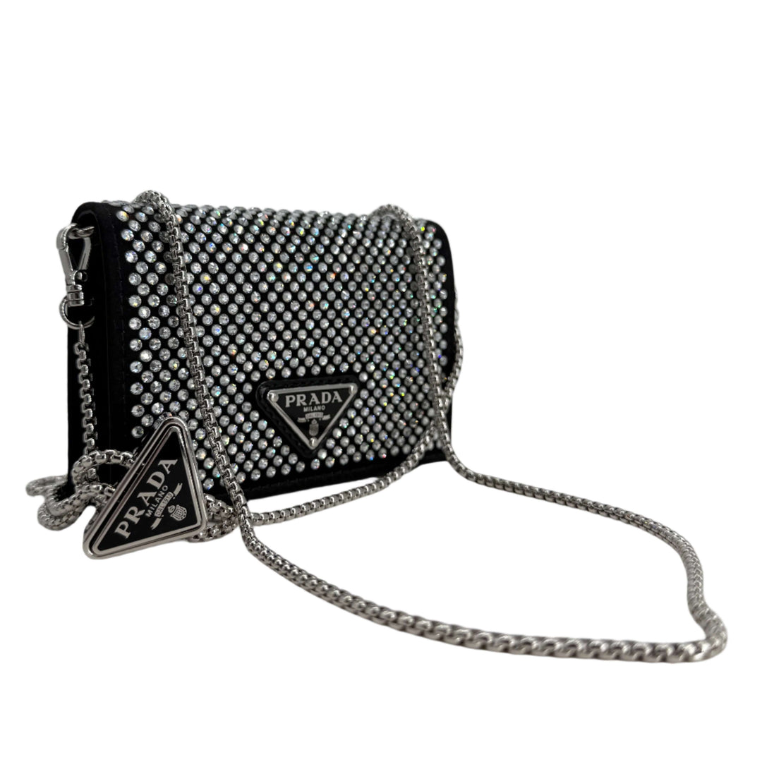 PRADA Crystal Satin Card Holder with Chain Strap – Black with Metal Triangle Logo