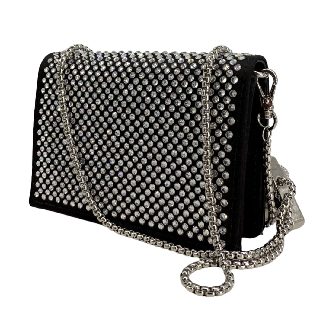 PRADA Crystal Satin Card Holder with Chain Strap – Black with Metal Triangle Logo