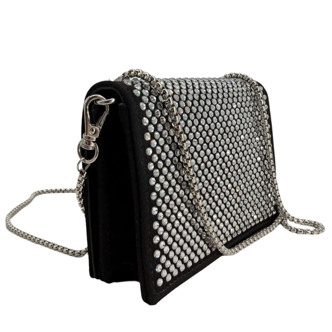 PRADA Crystal Satin Card Holder with Chain Strap – Black with Metal Triangle Logo
