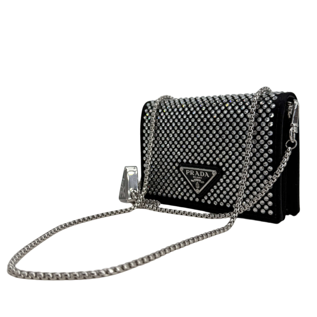 PRADA Crystal Satin Card Holder with Chain Strap – Black with Metal Triangle Logo