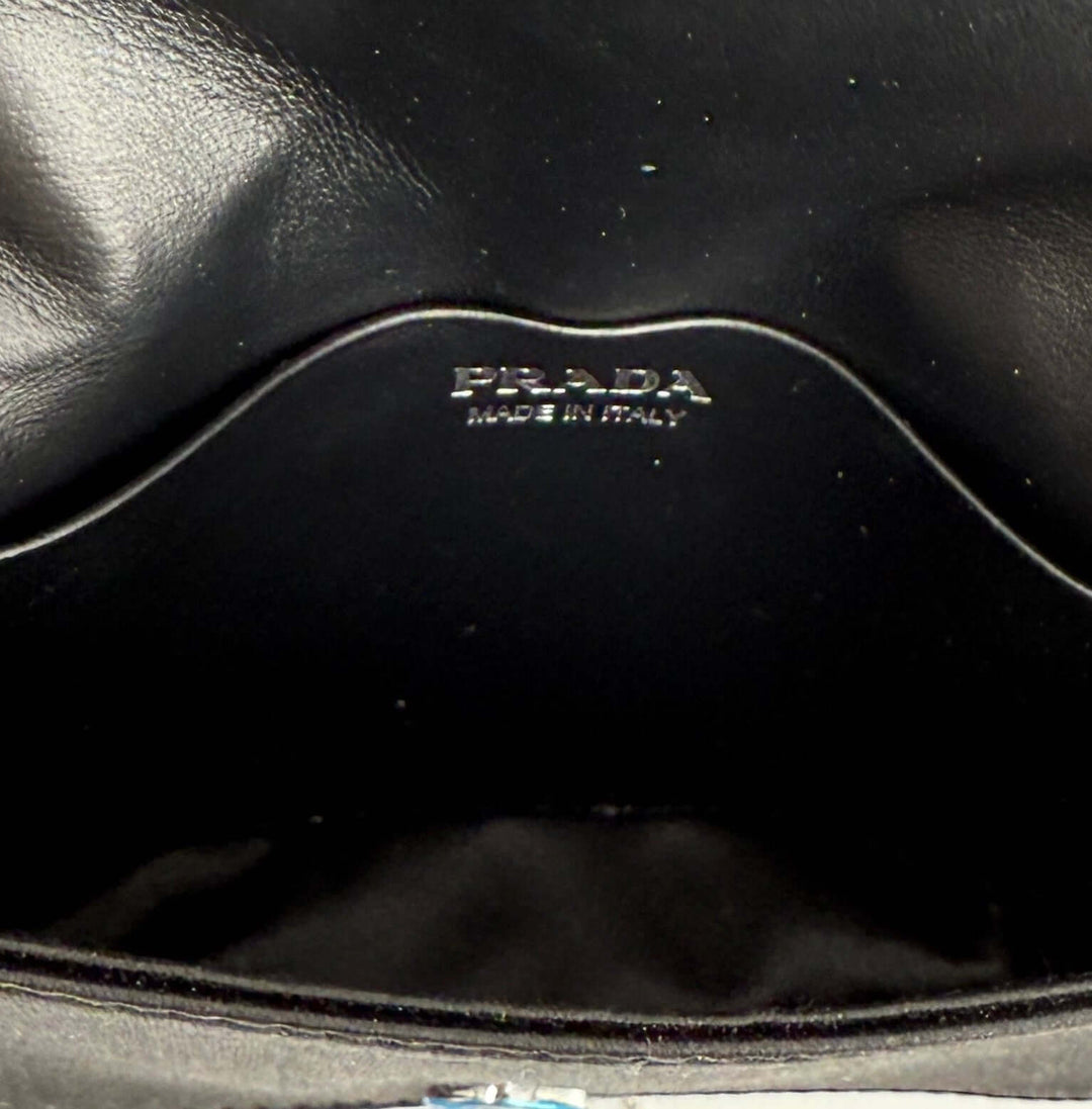 PRADA Crystal Satin Card Holder with Chain Strap – Black with Metal Triangle Logo