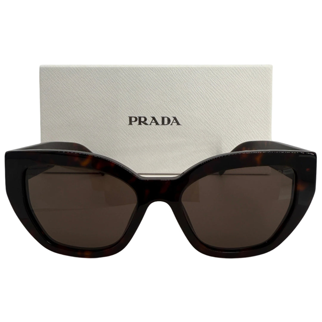 Prada sunglasses with logo in briarwood tortoiseshell acetate, front view, showcasing classic style and UVA/UVB protection.