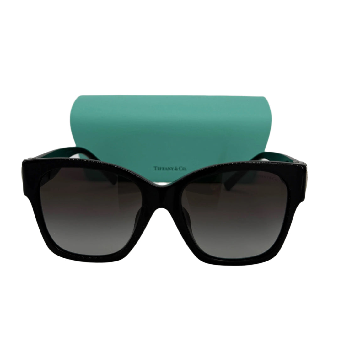 54mm gradient square sunglasses in black with Tiffany & Co. case, featuring heart temple detail, made in Italy.