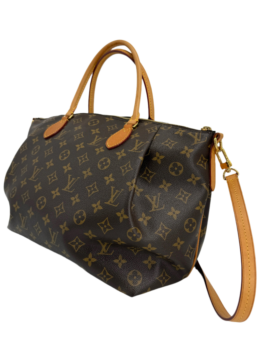 Louis Vuitton Monogram Turenne MM bag with top handles and crossbody strap, showcasing elegant pleated design.