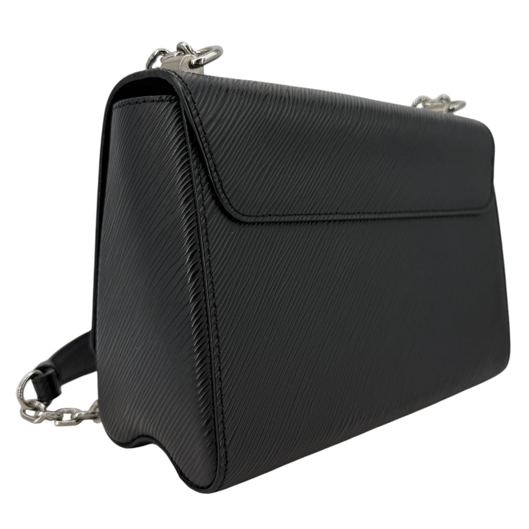 Louis Vuitton Epi Twist MM Black Noir Crossbody Shoulder Bag side view with silver chain strap.
