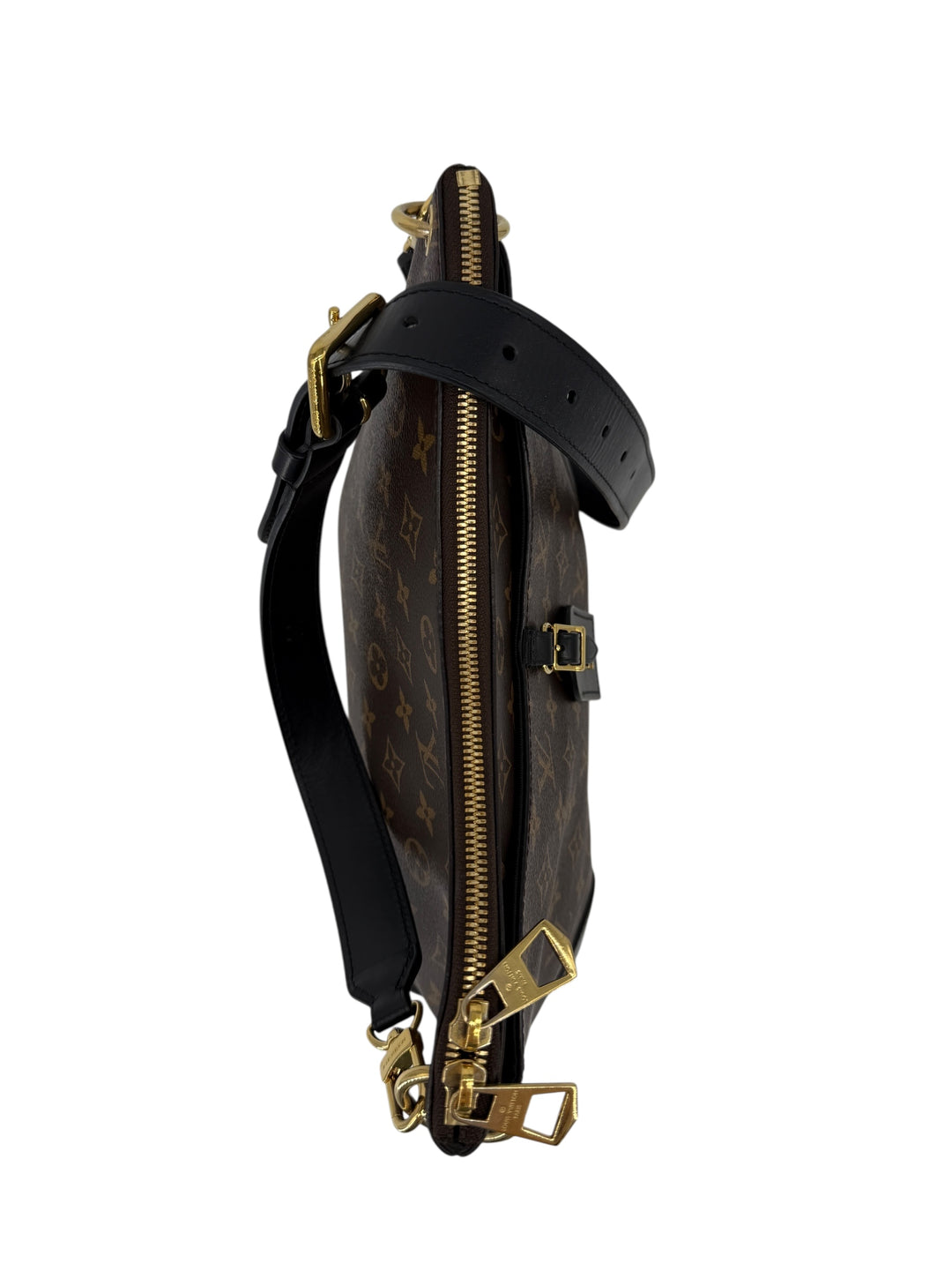 Louis Vuitton Monogram Odeon MM shoulder bag showing black trim and gold hardware.