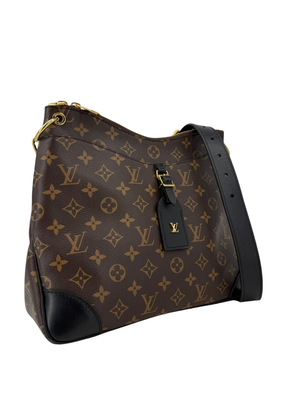 Louis Vuitton Monogram Odeon MM shoulder bag with black leather trim and adjustable strap.