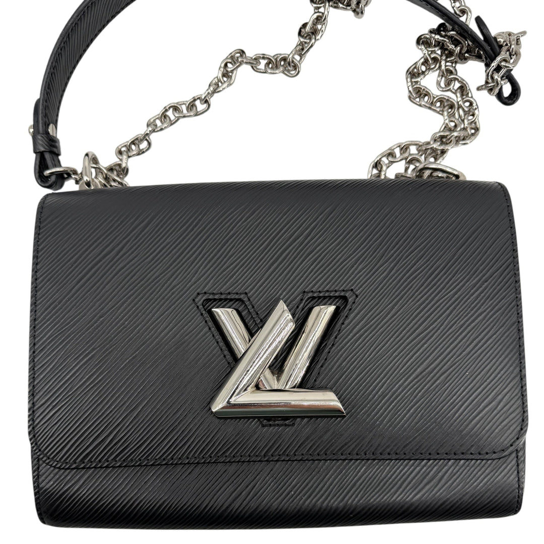 Louis Vuitton Epi Twist MM Black Noir Crossbody Bag with Silver LV Lock and Chain Strap