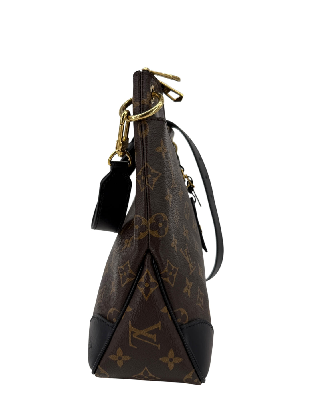 Side view of Louis Vuitton Monogram Odeon MM shoulder bag in coated canvas with black leather trim.