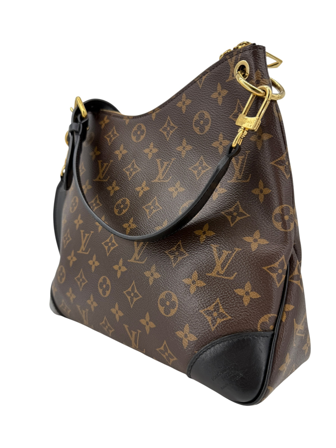 Louis Vuitton Monogram Odeon MM shoulder bag with black leather trim and adjustable strap.