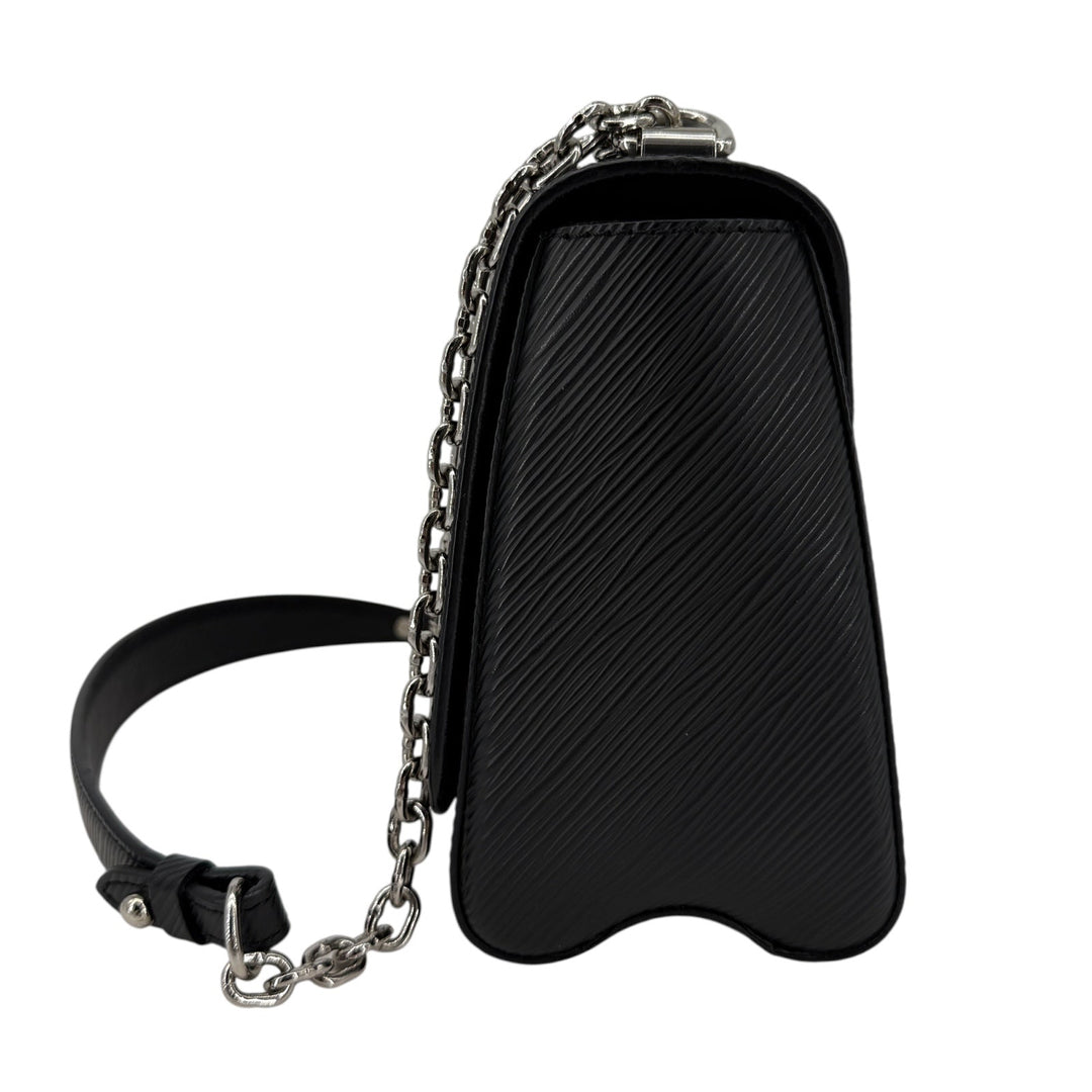 Louis Vuitton Epi Twist MM black crossbody bag with silver chain and LV twist lock detail.