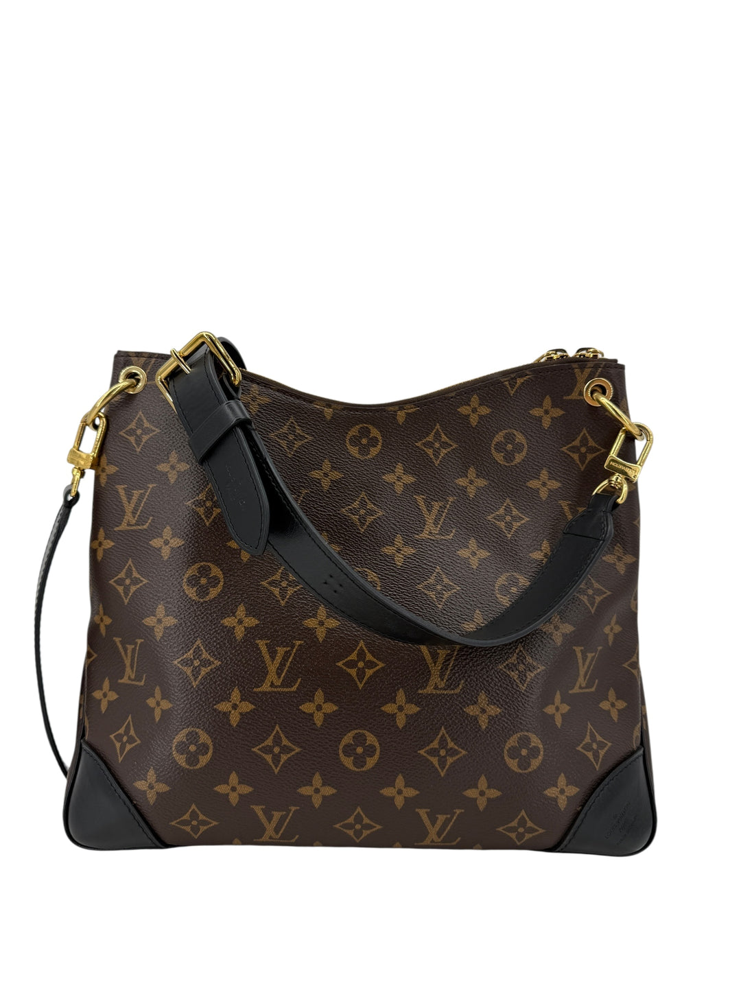 Louis Vuitton Monogram Odeon MM shoulder bag with black leather trim and gold hardware.