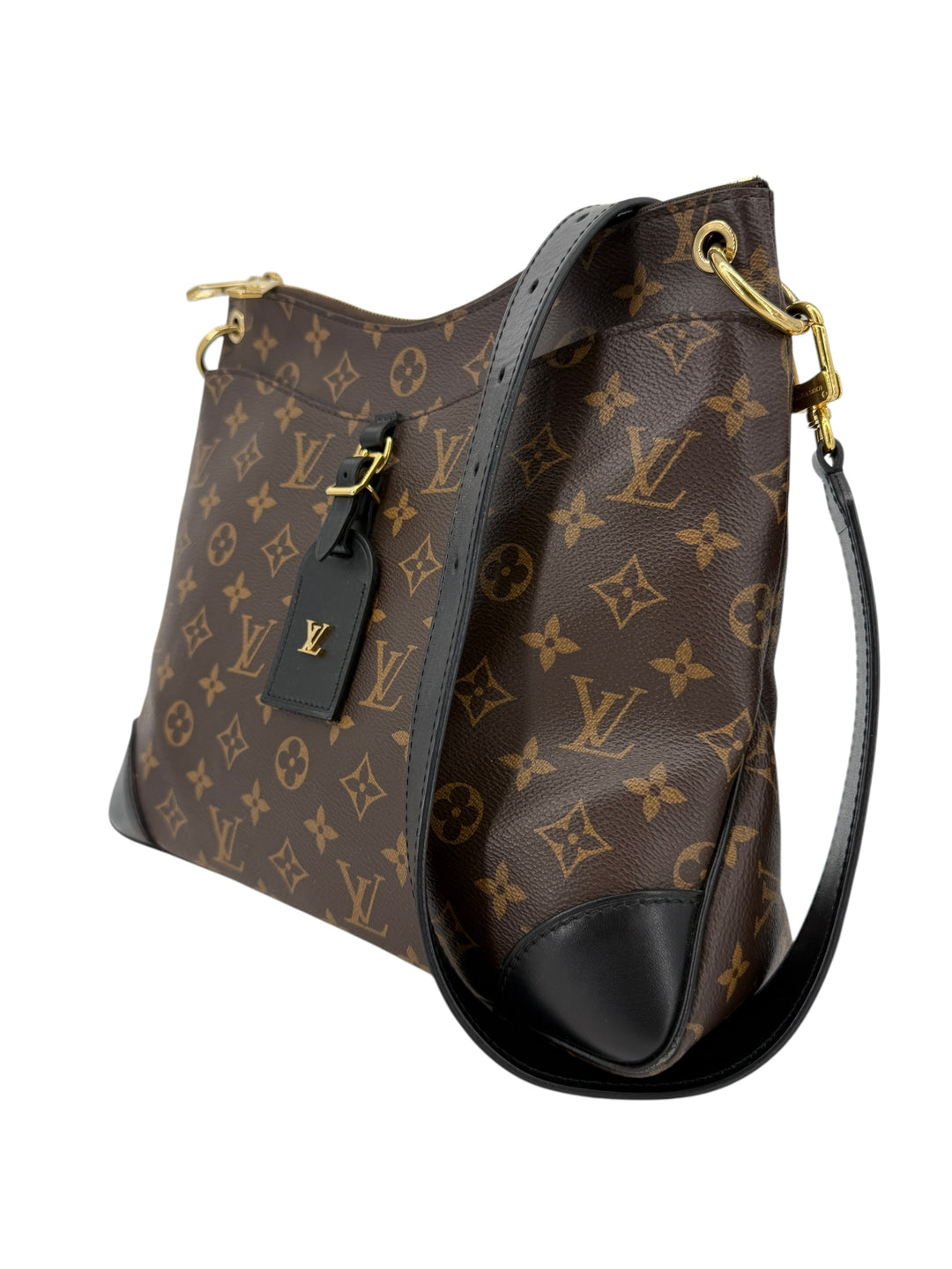 Louis Vuitton Monogram Odeon MM shoulder bag with black trim and adjustable strap, stylish and city-ready.