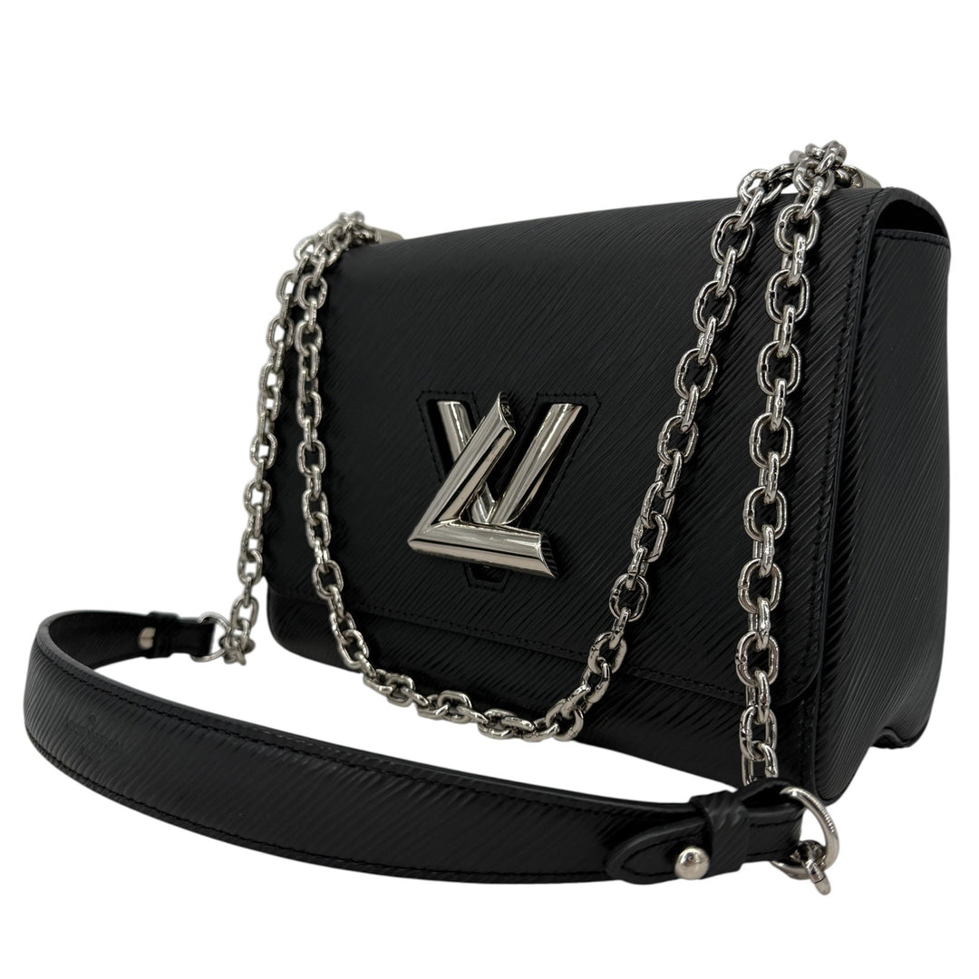 Louis Vuitton Epi Twist MM Black Noir Crossbody Bag with silver LV lock and chain strap.